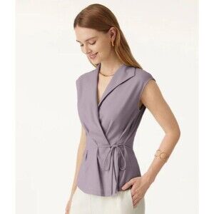 NWT OGL Ponte-De-Roma Icy Ponte Flap Collar Surplice Sleeveless Top w/ Tie Sz L